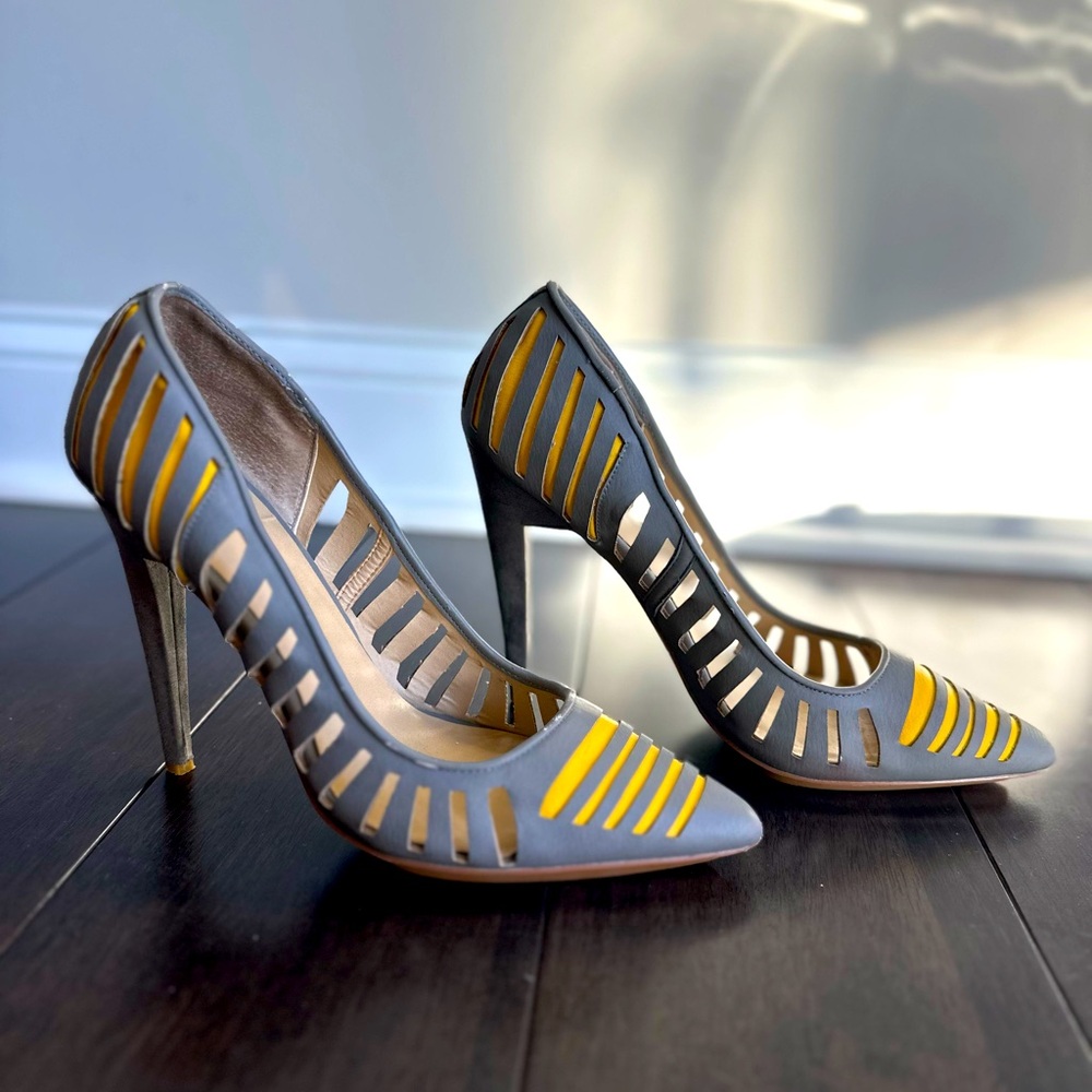 Grey and yellow heels